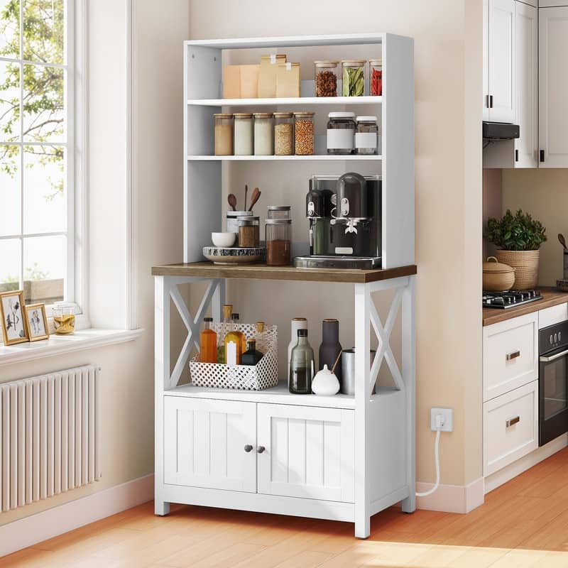 Baker's Rack Coffee Bar Cabinet Microwave Stand Rustic With Power Outlet - White