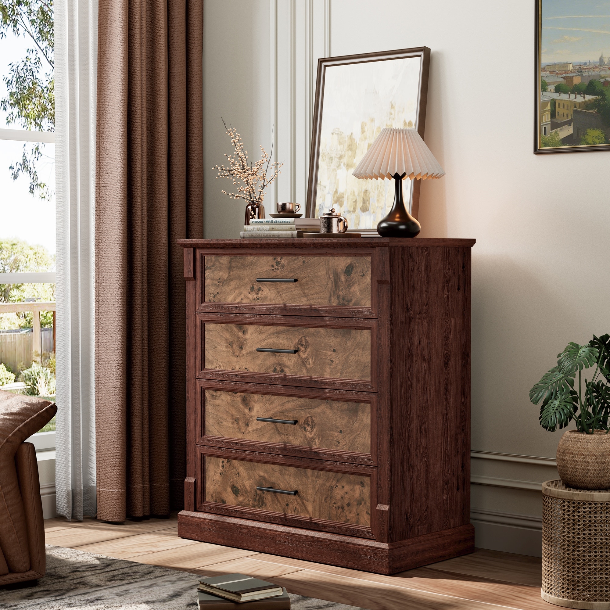 Farmhouse 4 Drawer Dresser for Bedroom, 34.6in Tall Chest of Drawers with Metal Handles, Rustic Wood Dresser