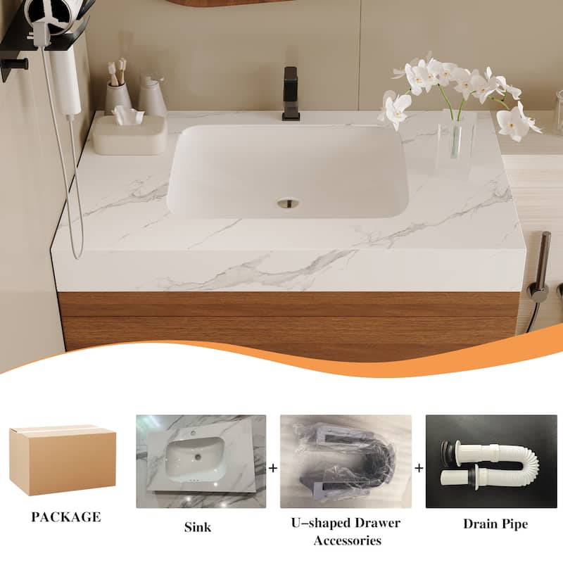 29.9" Floating Bathroom Vanity with Faux Marble Top, Ceramic Undermount Sink, Soft-Close Drawers for Modern Small Bathrooms