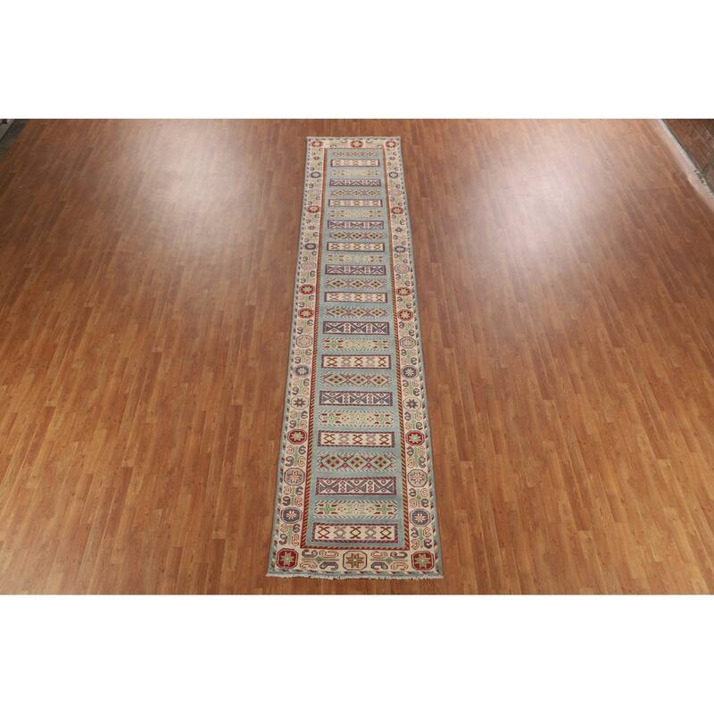 Light Blue Kazak Runner Rug Hand-Knotted Geometric Wool Carpet - 3'4" x 16'0"
