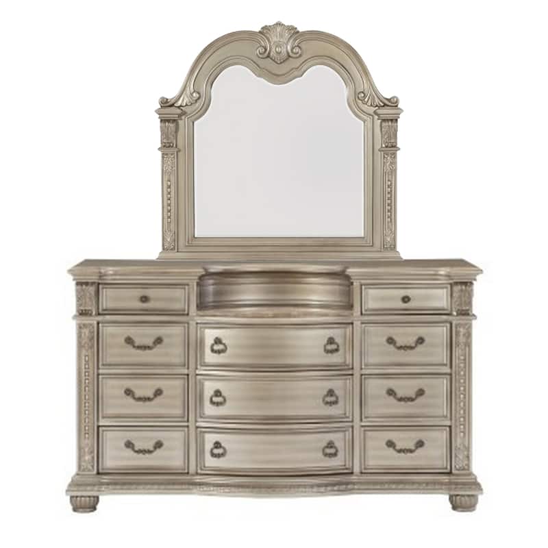 Caitlin Four Pc Queen Bedroom Set, Tufted Faux Leather Headboard, Marble Tops, Silver