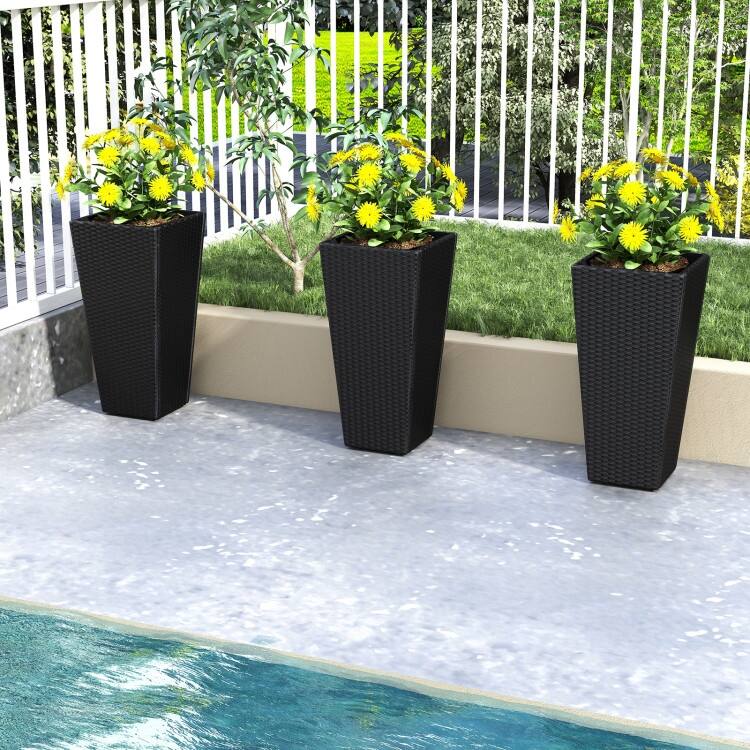Black PE Rattan Metal Tall Planter Set of 2 with Drainage and Liner for Patio - 15" x 15" x 30" (L x W x H)