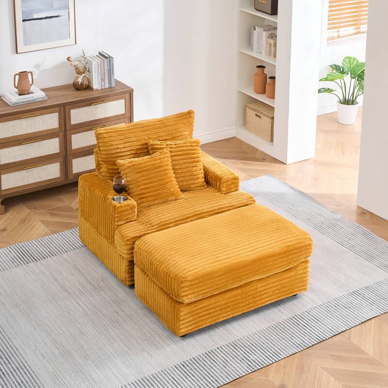 Corduroy Fabric Armchair & Ottoman Set, Upholstered Single Sofa with Cup Holder, Lounge Chair with Square Armrests