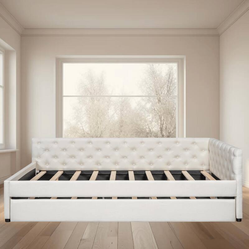 Full XL Size Upholstered Platform Bed Frame with Trundle, Elegant Tufted Button Design and Extra Sleeping Space for Bedroom