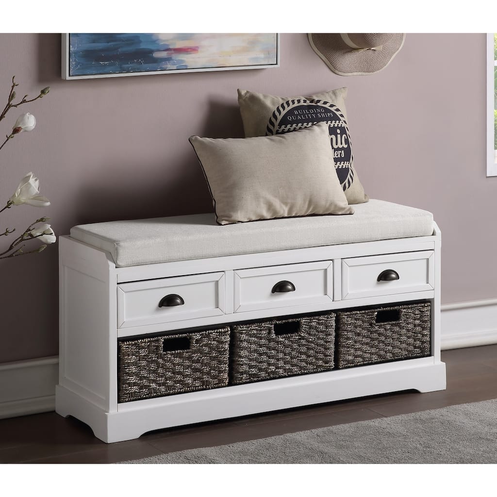 Shoe Bench with 3 Drawers & 3 Woven Baskets, Freestanding Wood Storage Bench, Entryway Bench with Removable Cushion