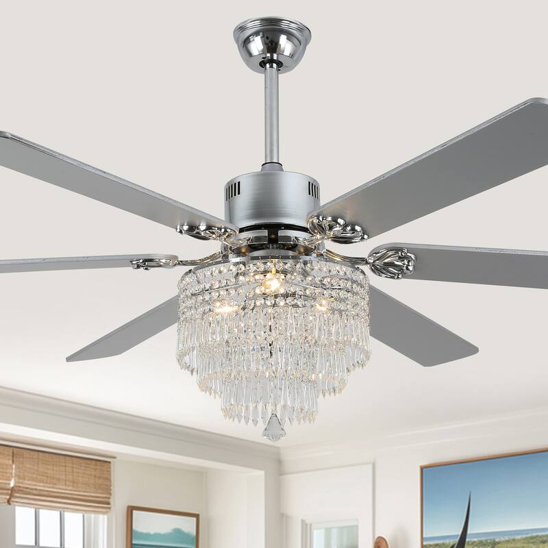 Cusp Barn 65" Modern Crystal Ceiling Fan with Lights and Remote, 6 Speeds Silent DC Motor Large Chandelier Ceiling Fan - Chrome
