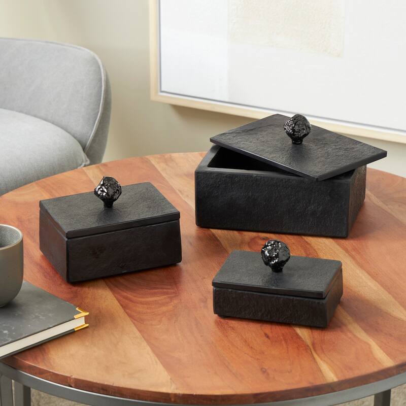 Black Marble Box with Textured Silver or Black Aluminum Knobs (Set of 3)