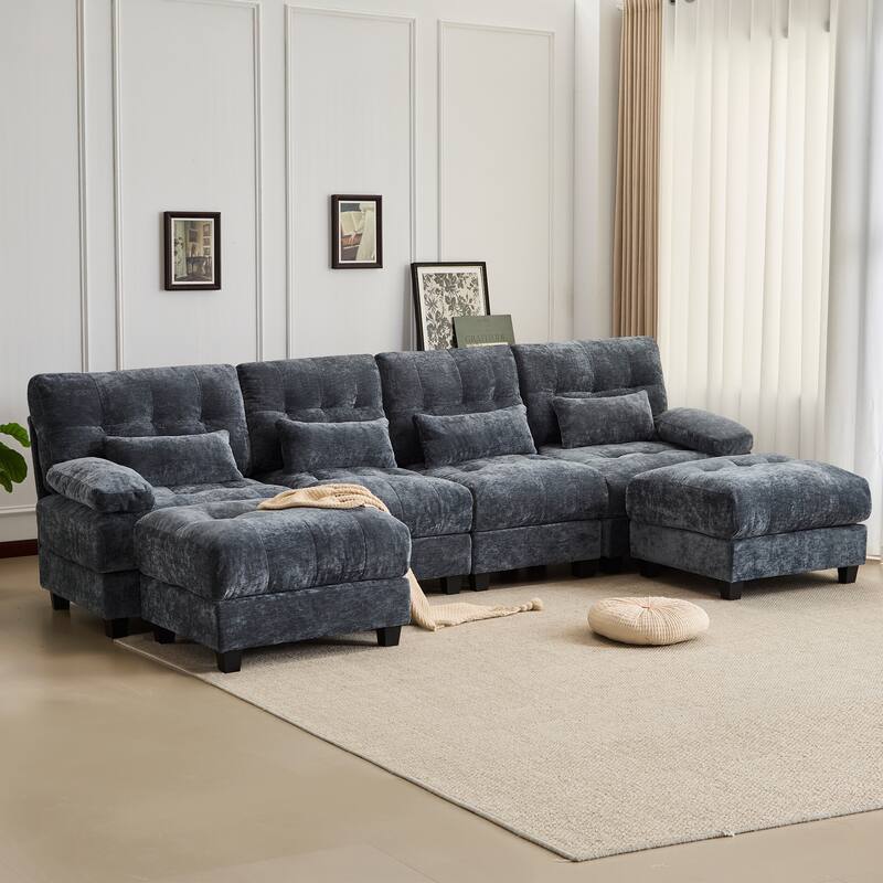 GDFStudio - 4-Seater Adjustable Backrest 119" Chenille Sofa with 2 Ottomans and 4 Throw Pillows