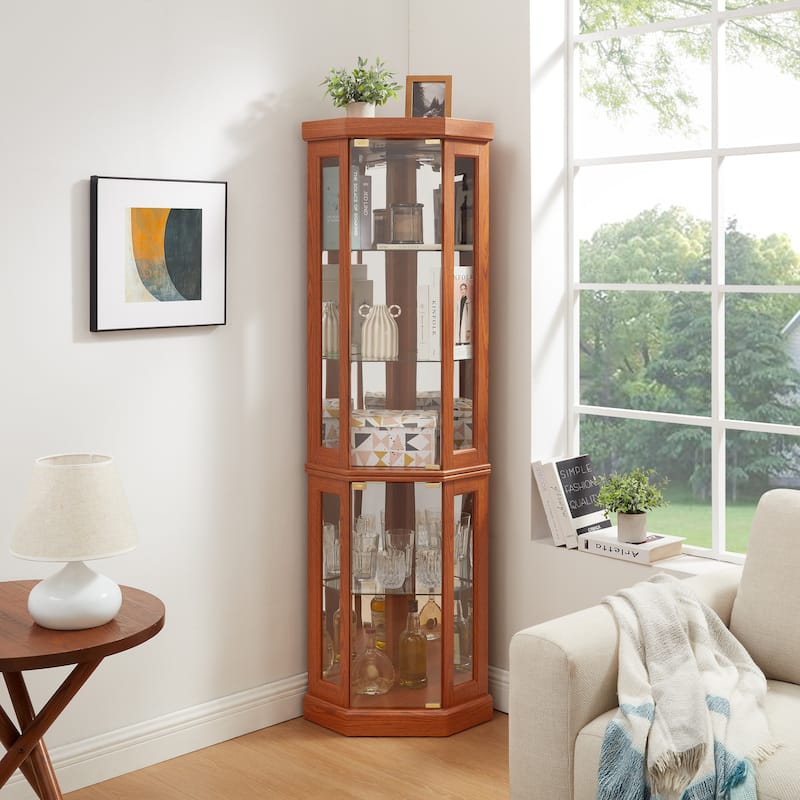 Corner Display Cabinet, Antique Collection with Glass Door, Shelves & Light