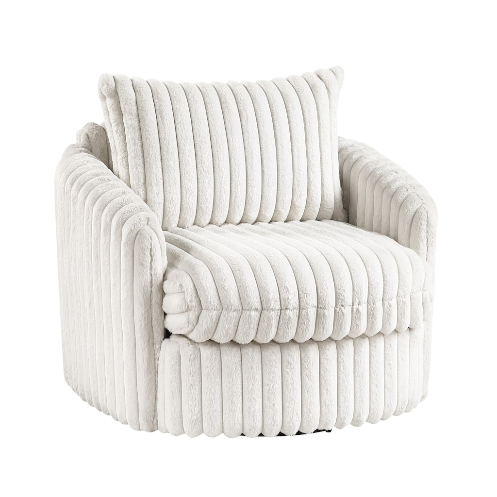 Goro Round Swivel Accent Chair, 39 Inch, Beige Corduroy, Solid Wood