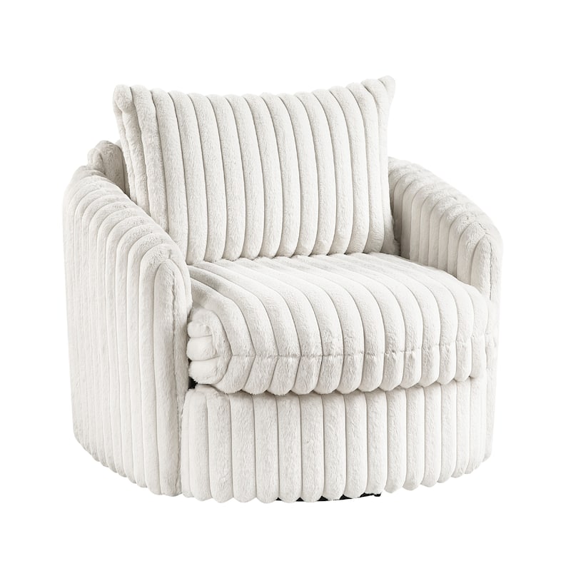 Goro Round Swivel Accent Chair, 39 Inch, Beige Corduroy, Solid Wood