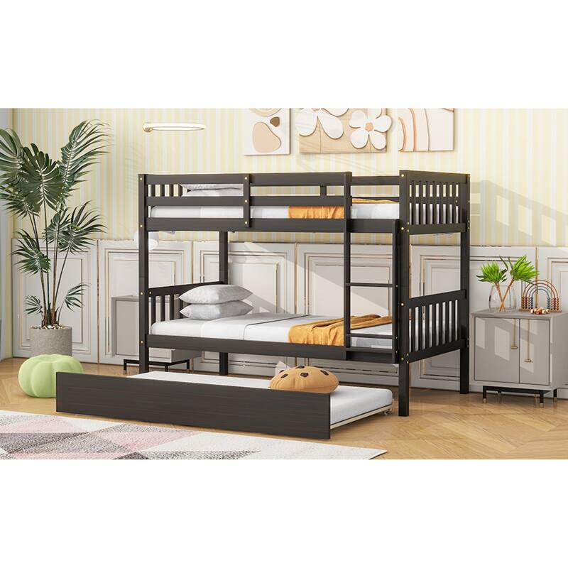 Roomfitters Twin Over Twin Rubber Wood Bunk Bed with Trundle, Convertible to Two Twin Beds, Ladder and Guardrails