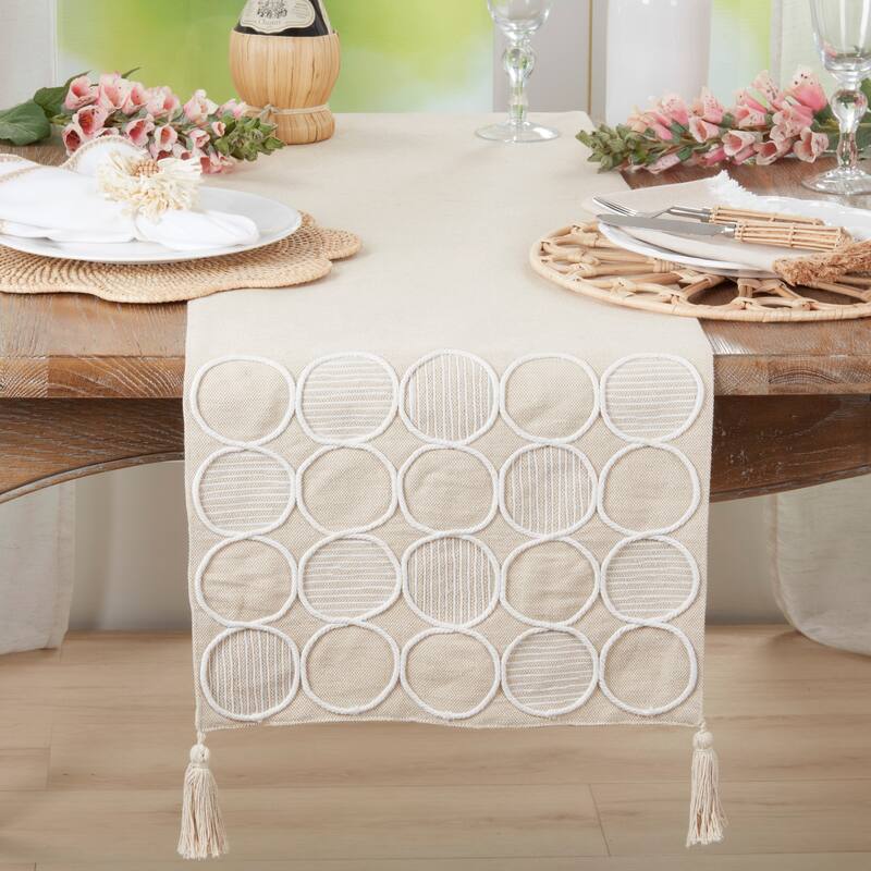 Geometric Circle Embroidered Cotton Table Runner - Decorative Non-Reversible Table Runner for Dining Table, 16"x72"