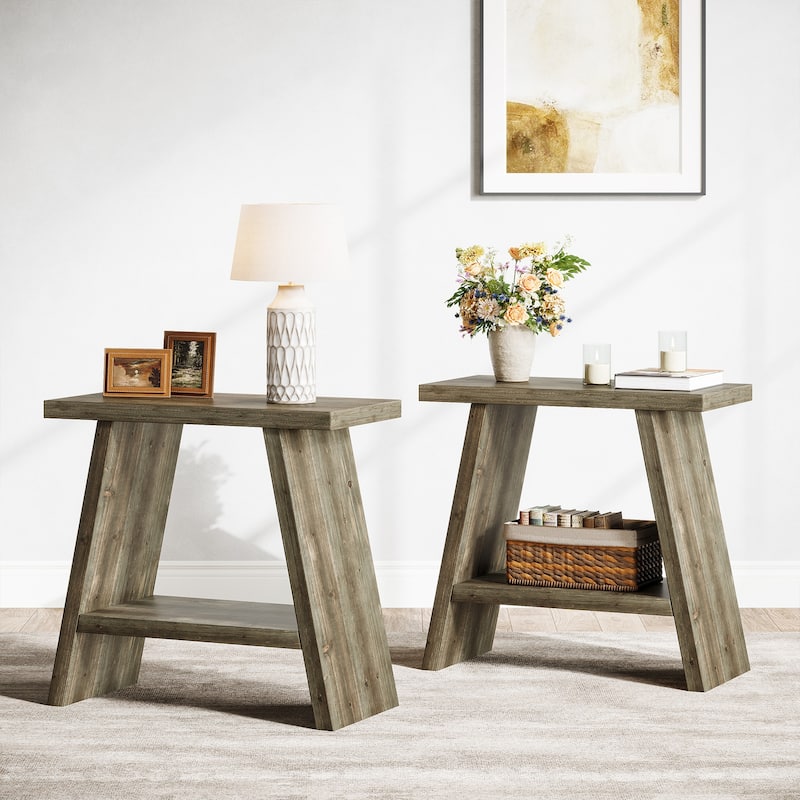 Solid Wood End Table for Living Room (Set of 2) - 11.81"D x 23.62"W x 23.62"H - Distressed Gray