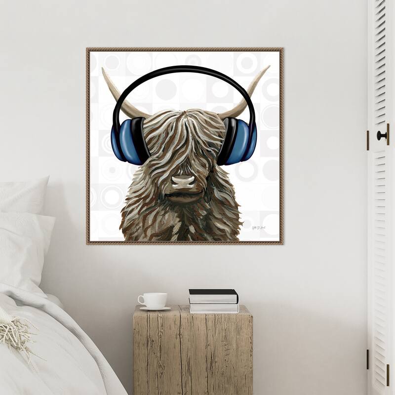 Music Cow Blue Crop by Yvette St. Amant Framed Canvas Wall Art Print - Sylvie Beaded Bronze