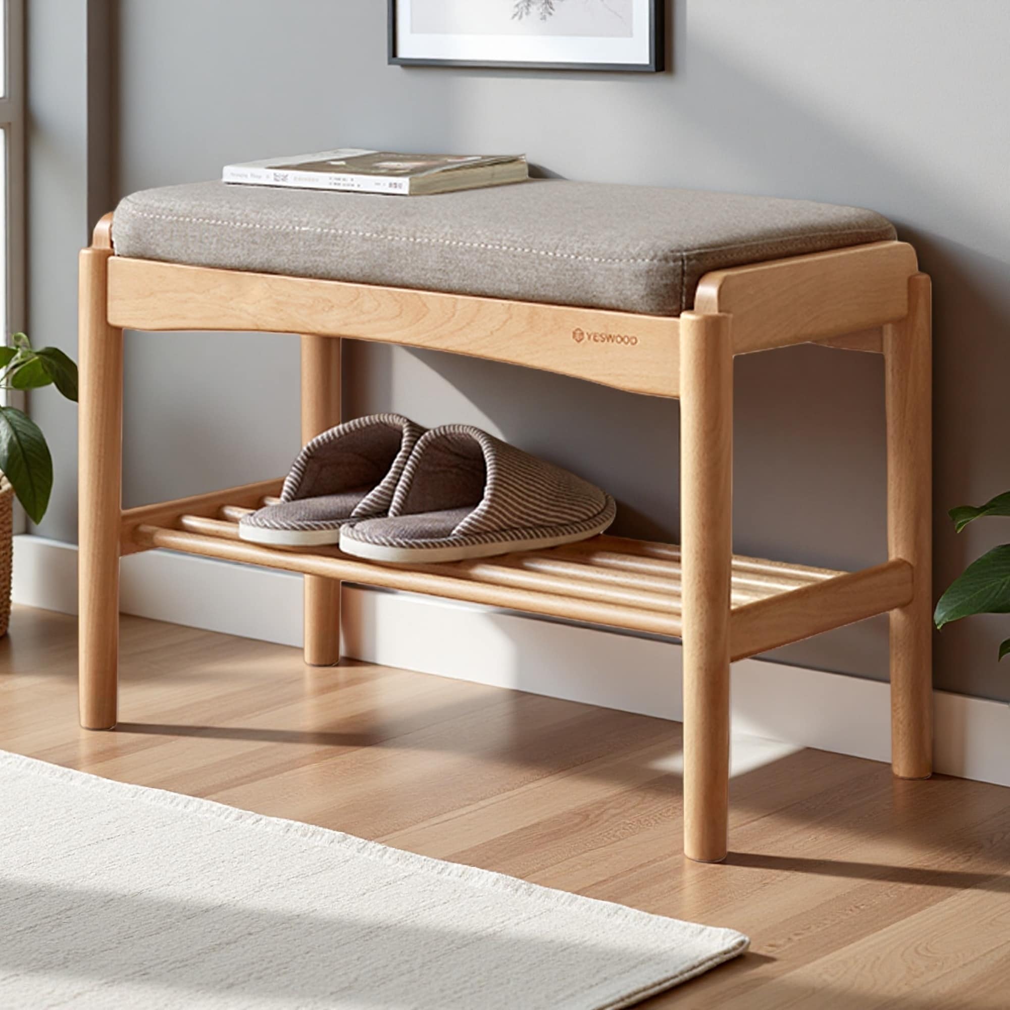 23.62"L Solid Wood Shoe Bench with Rebound Sponge Cushion