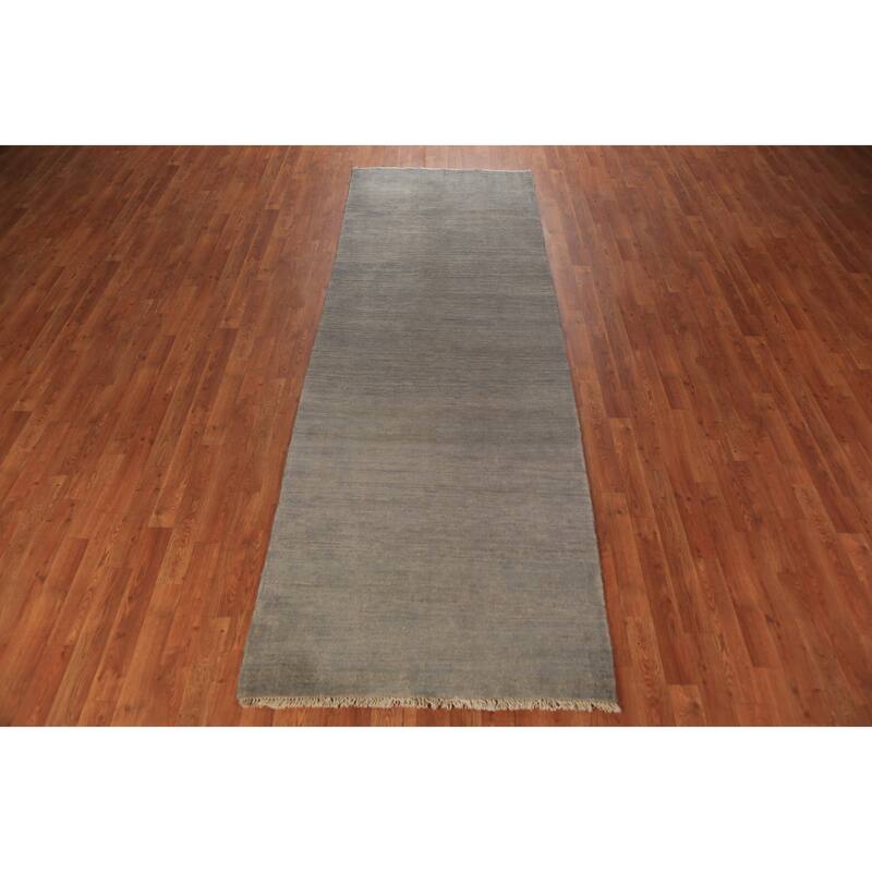 Modern Gray Gabbeh Runner Rug Hand-Knotted Wool Carpet - 3'5" x 9'10"