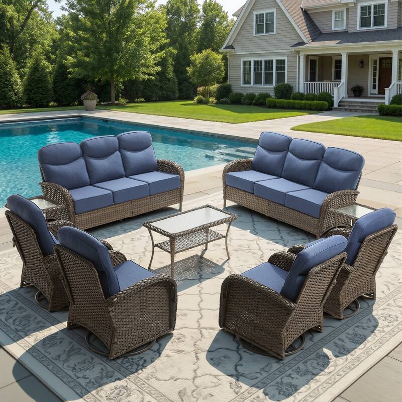 Pocassy Outdoor Wicker Patio Sofa with Swivel Chair Ottoman Sets - Brown Wicker Blue Cushion - 9-Piece Sofa Swivel Chair with Coffee Table