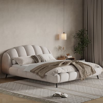 King Size Upholstered Platform Bed Chenille Thick Headboard and Footboard, Shell-Shape Design Beds, Beige