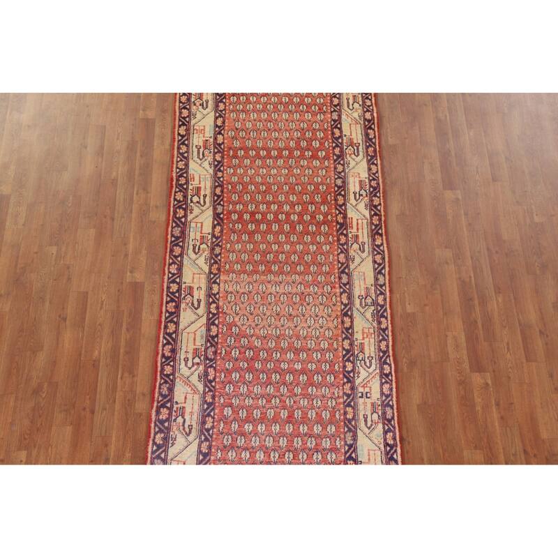Hand Knotted Oriental 100% Wool Carpet Traditional All-Over Red Botemir Runner Rug - 10' 3'' X 3' 6''
