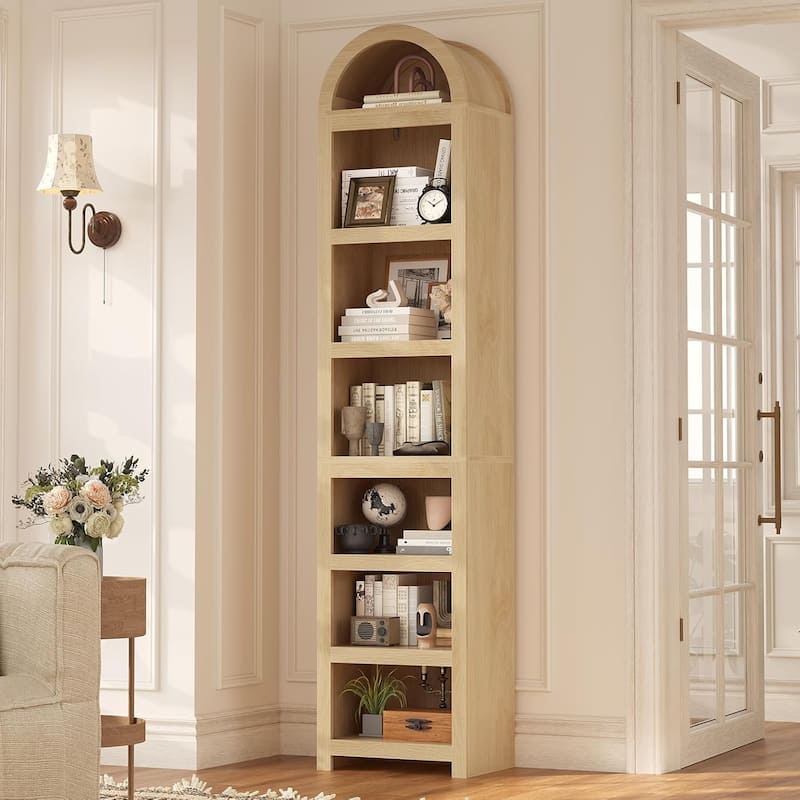 Tall Arched Cabinet Bookcase Storage Bookshelf Door Bathroom Storage Cabinet - 76" - Oak