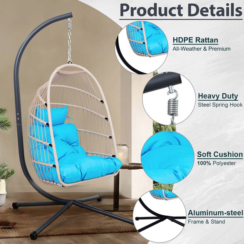 Outdoor Egg Hanging Chair, Swing Chair with Stand & Aluminum-Steel Frame, Patio Rattan Wicker Hanging Swing Egg Chair