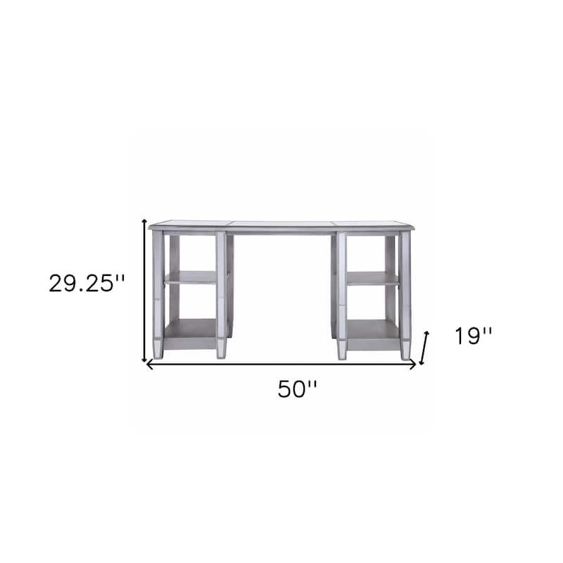 Silver Wood Mirrored Writing Desk with Shelves and Rectangular Matte Finish