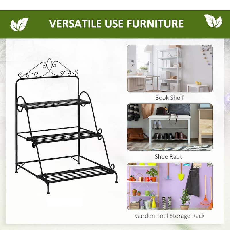 Outsunny 3 Tier Metal Plant Stand, Ladder Display Shelf, Flower Pot Holder, Storage Organizer Rack for Indoor Outdoor Patio