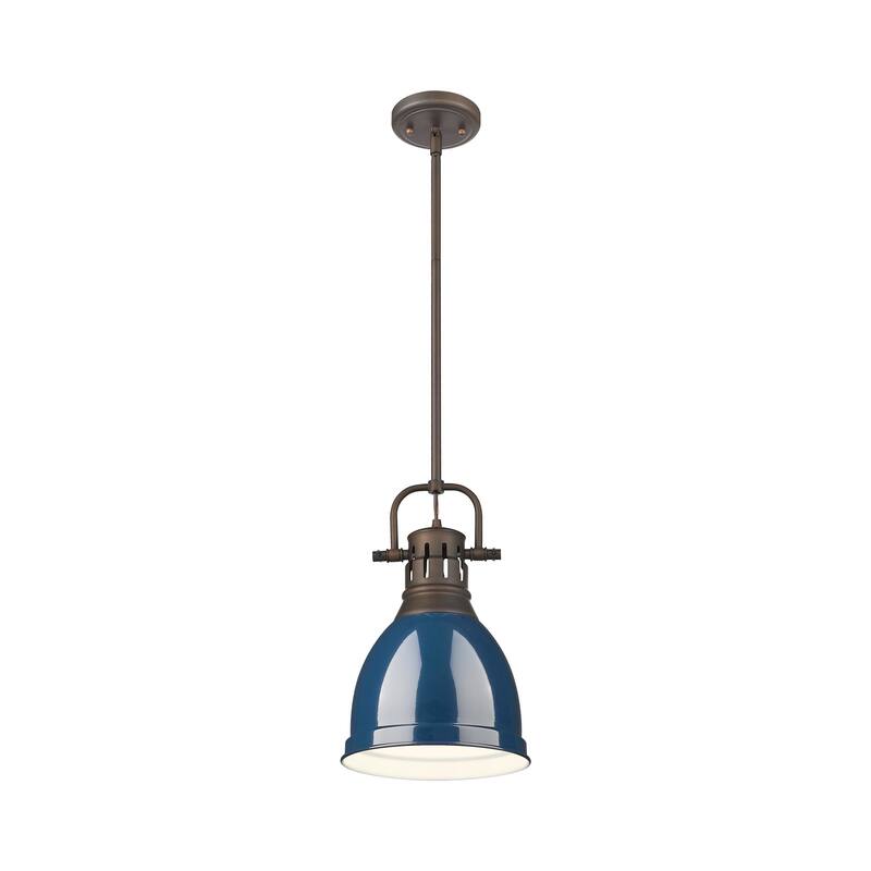 Yep by Golden Lighting Duncan 1-light 9in Rod Hung Pendant in Rubbed Bronze and Navy Blue shade