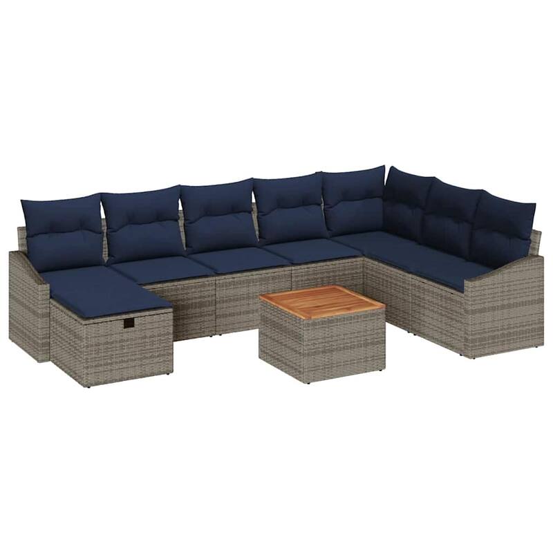 vidaXL 9 Garden Sofa Set with Cushions Black/Grey Poly Rattan - 113.6 x 70.3 x 27.2