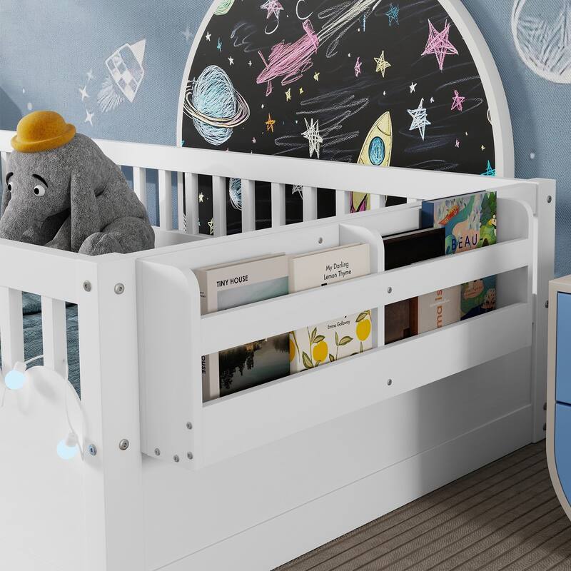 Wooden Kids Montessori Floor Bed with LED Light and Storage Shelf, No Slats