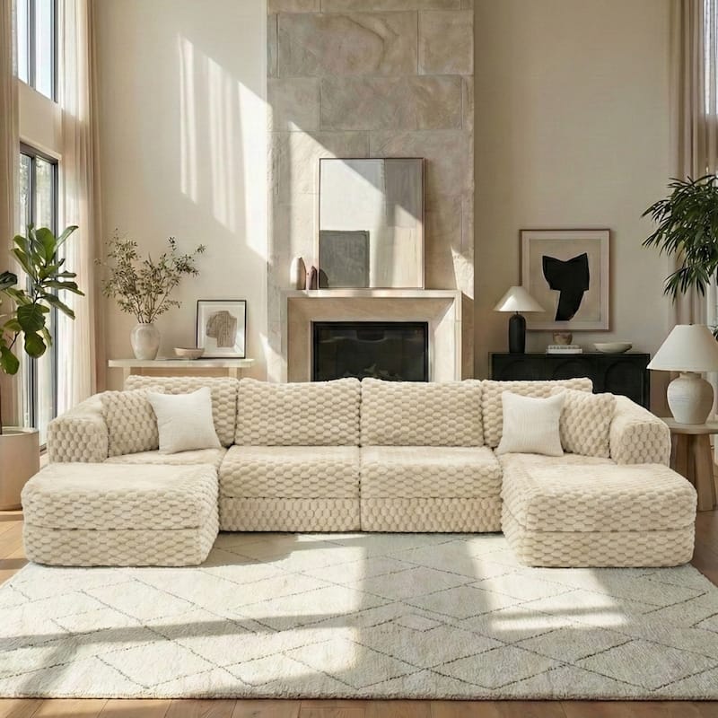 135.4" Bubble Velvet Fabric Sectional Sofa with 2 Ottomans - Coffee