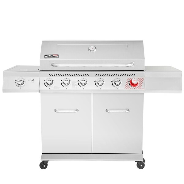 Royal Gourmet Stainless Steel Gas Grill, Premier 6-Burner BBQ Grill with Sear Burner and Side Burner, Silver