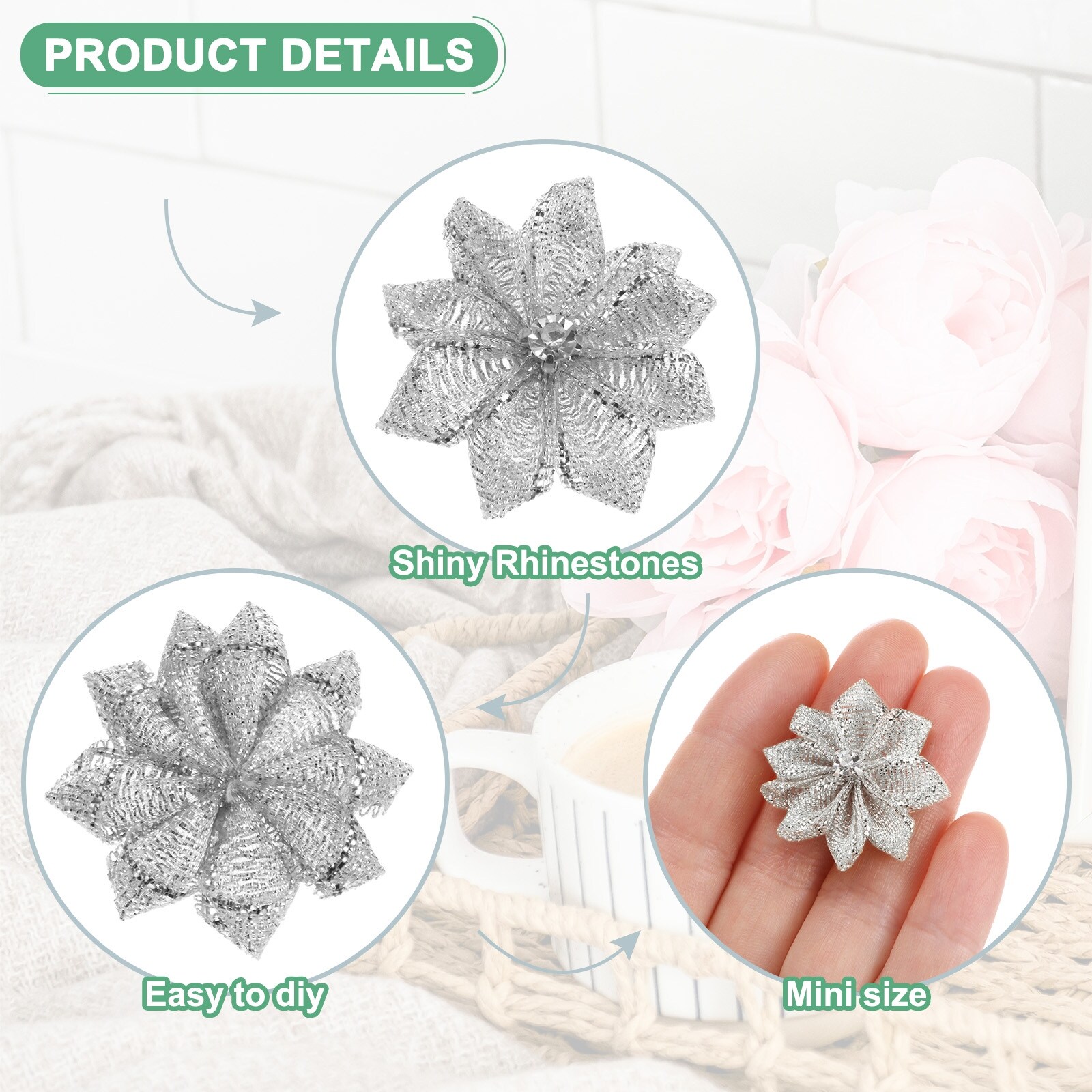 Satin Ribbon Flowers, Mini Fabric Flowers with Rhinestones Flower Ribbon Appliques for Crafts DIY/Wedding/Ornament/Party/Home