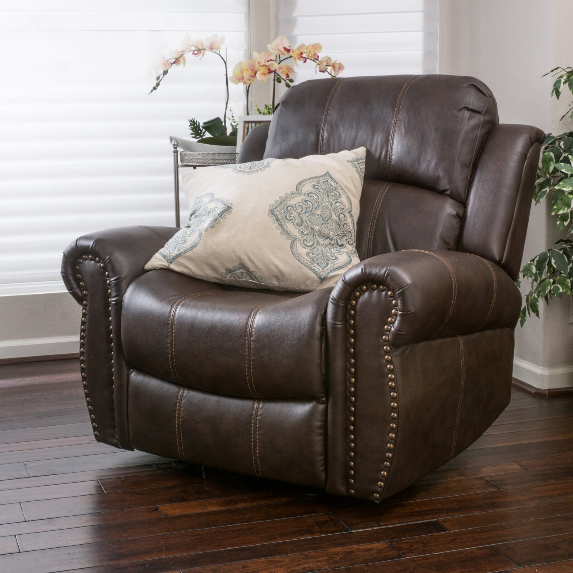 Roomfitters 43 Inch Wide Faux Leather Manual Glider Recliner Chair, Brown