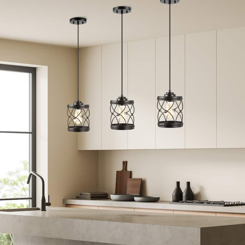 Helisa 6.5" 1-Light Farmhouse Industrial Iron Filigree Caged Jar LED Pendant, (Set of 3) by JONATHAN Y