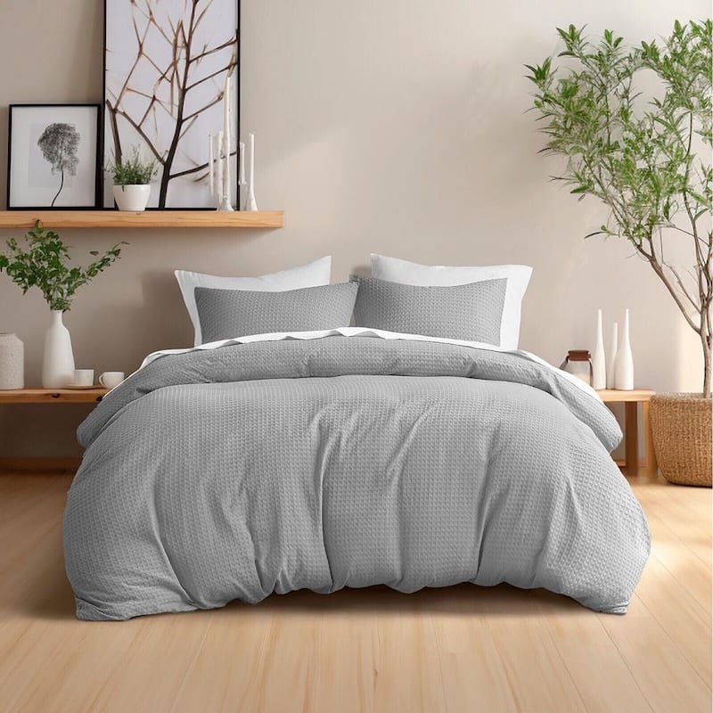 3pc King/King Cal Waffle Weave Solid Textured Comforter Set Light Grey