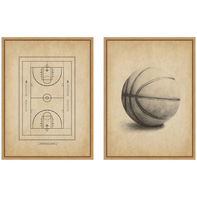 Kate and Laurel Antique Basketball 2 Piece Framed Canvas Wall Art Set by The Creative Bunch Studio - 2 Piece Set 18x24 - Natural