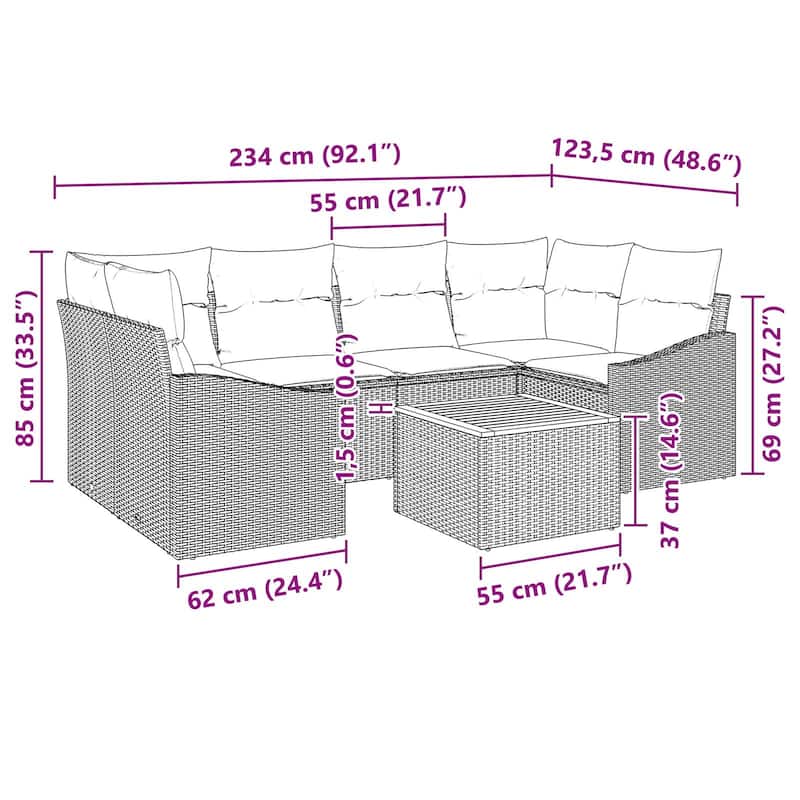 vidaXL 7 Garden Sofa Set with Cushions Black/Grey Poly Rattan - 92.1 x 48.6 x 27.2