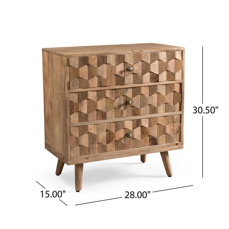 Oversize Nightstand Dresser, 3 Drawers, 3D Design Brown Mango Wood