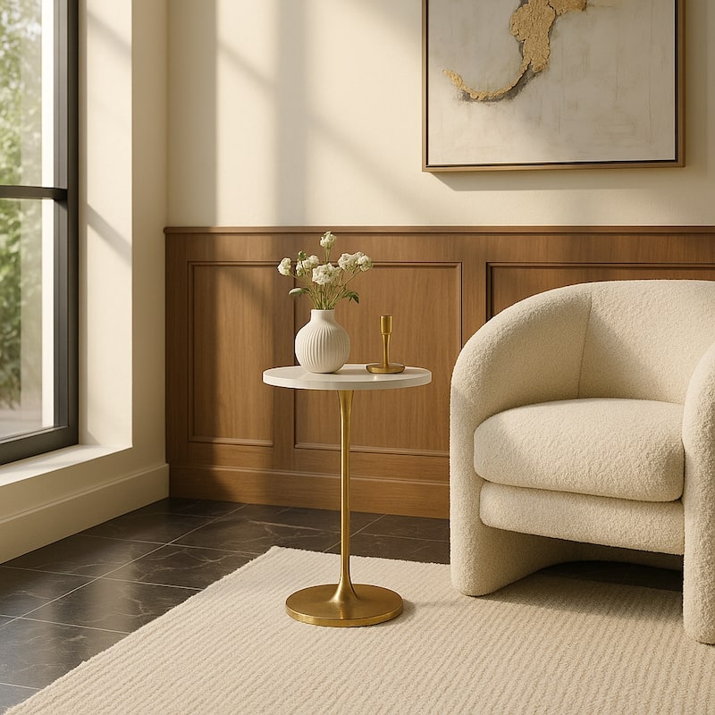 Gold and White 24"H Round Drink Accent Table, Aluminum and Stone - 13" x 13" x 24"