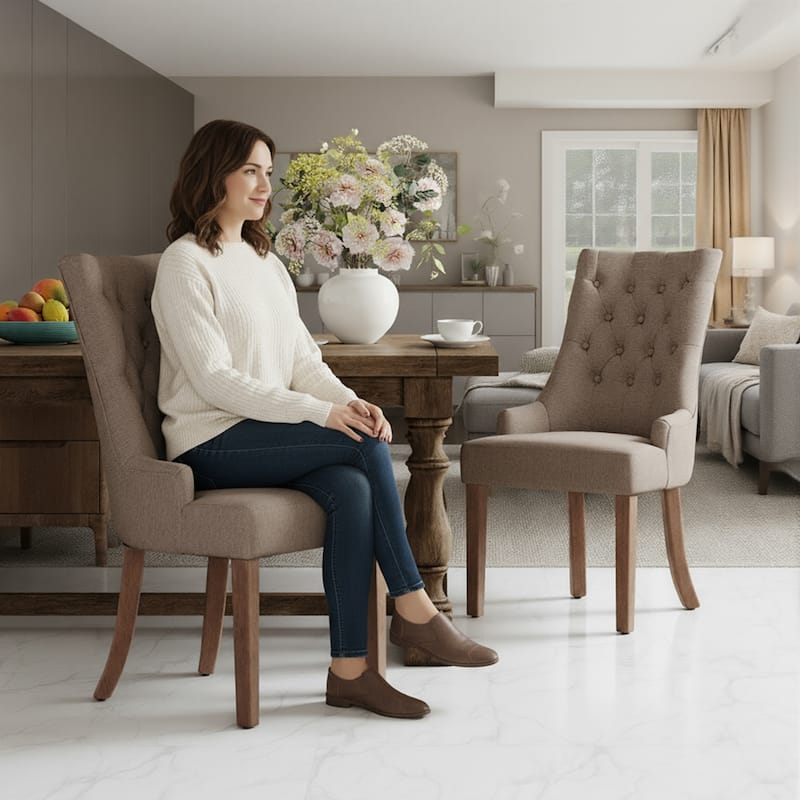 Wingback Upholstered Dining Chairs, Fabric Side with Tufted Button