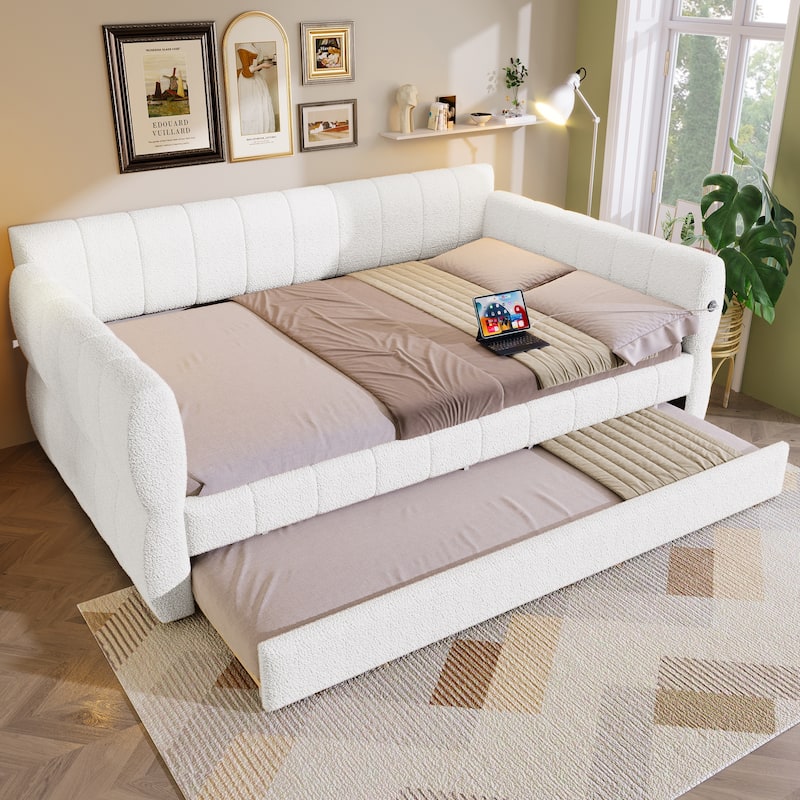 Queen Size Upholstered Daybed with USB and Optional Platform Storage Bed with 2 Drawers or Low Profile Sofa Bed with Trundle Bed - White with Trundle - Queen