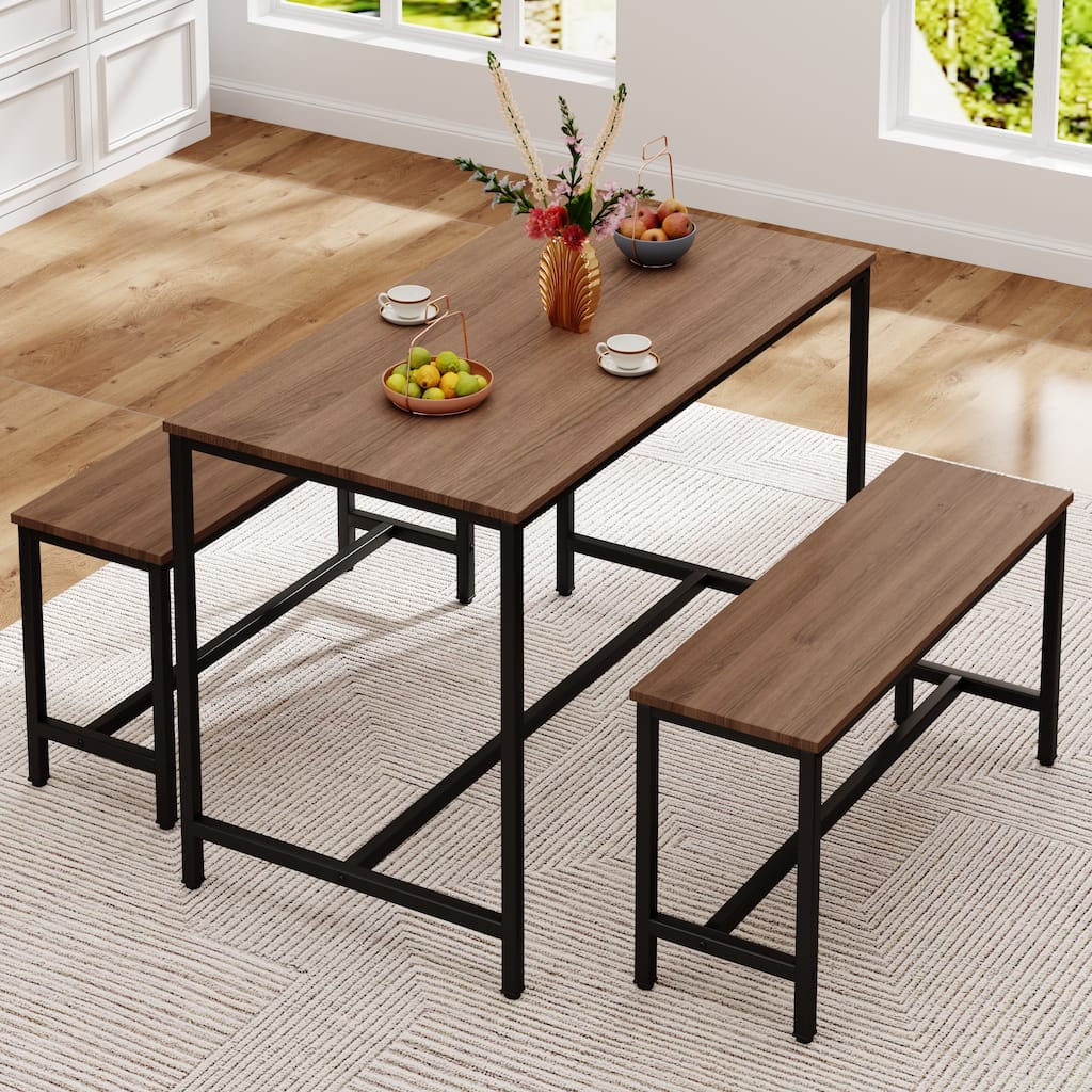 Dining Table Set for 4, Kitchen Table with Benches, Rectangular Dining Room Table Set with 2 Metal Wood Benches, 3 Piece Dining