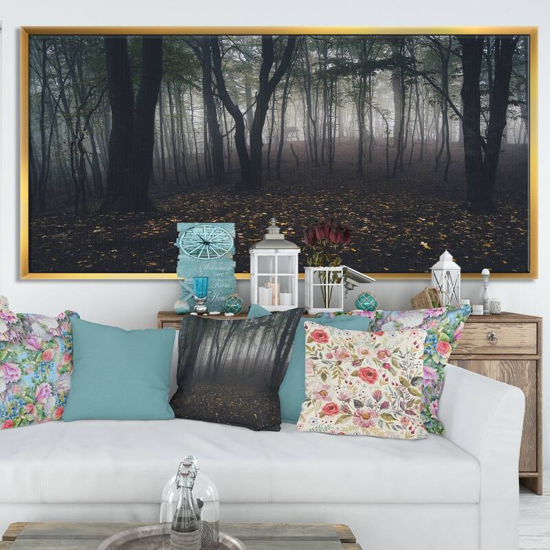 Designart "Dark Spooky Misty Wild Forest" Oversized Forest Framed Canvas Artwork Print