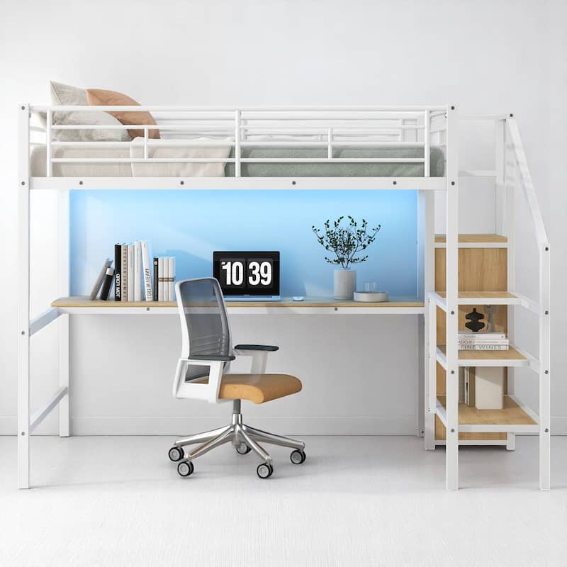 Full Metal Loft Bed with Built-in Desk, Stair Storage, Clothes Rack Wardrobe & Color LED Lighting
