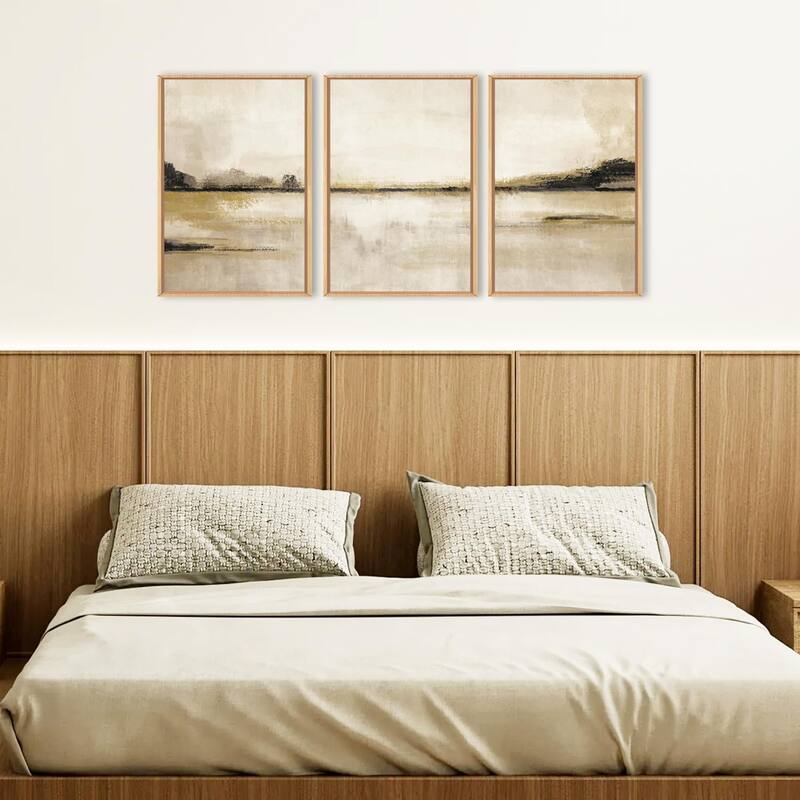 Abstrcat Mountain Lake Wall Decor, Neutral Tan Scenery Wall Painting