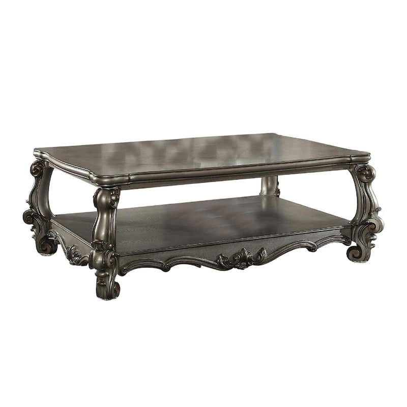 Wooden Coffee Table with Vintage Style Oversized Legs and One Open Shelf, Silver