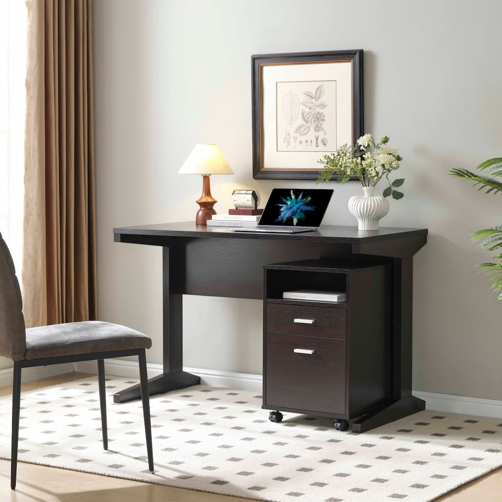 Home office desk with modesty panel and detached file cabinet on locking wheels with two drawer