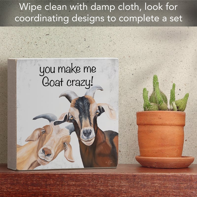 Goat Crazy Artistic Freestanding Solid Wood Block Sign Made in the USA 3.75” Square Decorative Accent for Home or Office - Multi